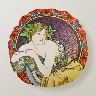 Almofada Redonda Mulher com Poppy, Alphonse Mucha Travesseiro decor