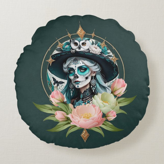 Almofada Redonda Mulher espantosa com uma espantosa maquiagem do cr (Frente)