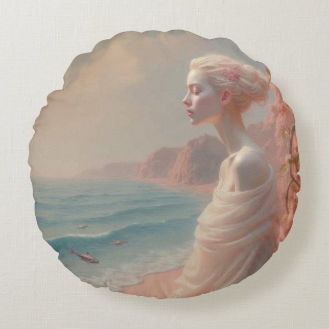 Almofada Redonda Mulher etérea na praia de Dreamy (Frente)