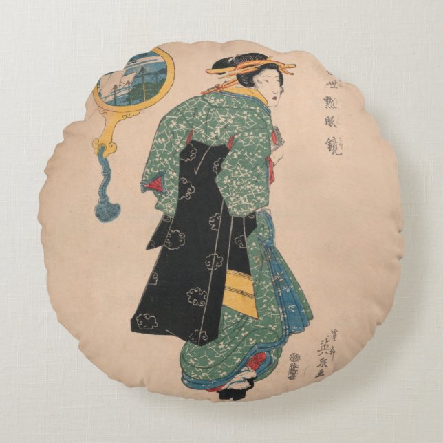 Almofada Redonda Mulher Kimono japonesa: Ukiyo-e Woodblock Impressã (Frente)