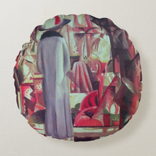 Almofada Redonda Mulher na frente de uma grande janela iluminada (Frente)