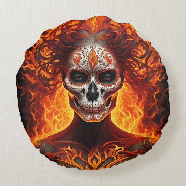 Almofada Redonda Mulheres vampiras e crânio de fogo,2 design em 1 t (Verso)