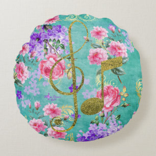 Almofada Redonda Música Dourado floral do brilho do vintage