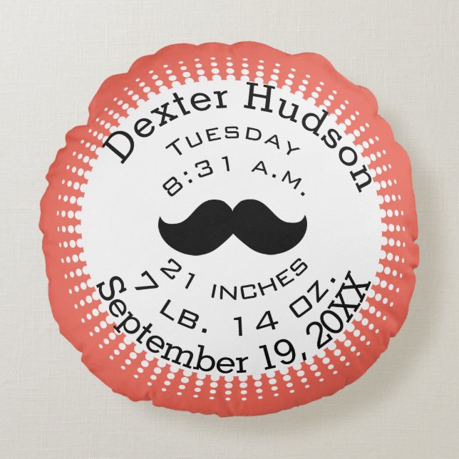 Almofada Redonda Mustache Coral Orange Personaliza Registros de Nas (Frente)