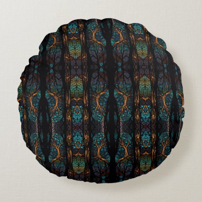 Almofada Redonda Mystic Forest Mosaic Blue & Black Standard Cushion (Frente)