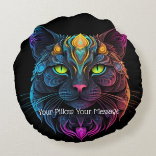 Almofada Redonda Mystic Neon Mandala Cat Psychedelic Feline Fantasy
