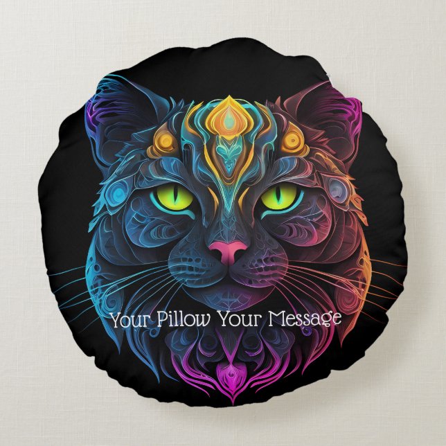 Almofada Redonda Mystic Neon Mandala Cat Psychedelic Feline Fantasy (Verso)