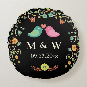 Almofada Redonda Na moda Monograma, Casal de Pássaros com Amor Flor