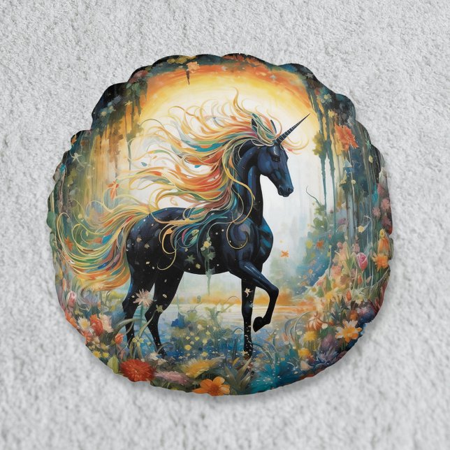 Almofada Redonda Na moda Rainbow Black Unicorn Travesseiro decorati (Criador carregado)