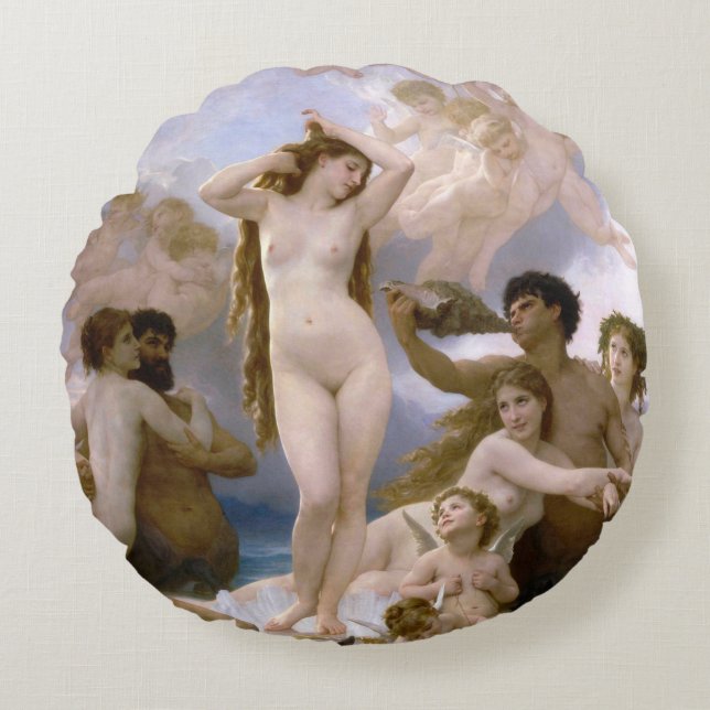 Almofada Redonda Nascimento de Vênus por William-Adolphe Bouguereau (Frente)