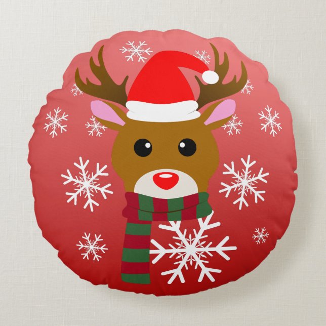 Almofada Redonda Natal Branco Rudolph Rudolph, Rena Nosada Vermelha (Frente)