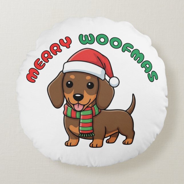 Almofada Redonda Natal Brown Dachshund: Feliz Woofmas (Frente)