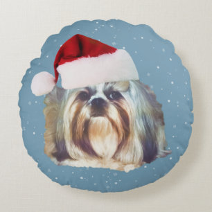 Almofada Redonda Natal, cão de Shih Tzu, chapéu do papai noel
