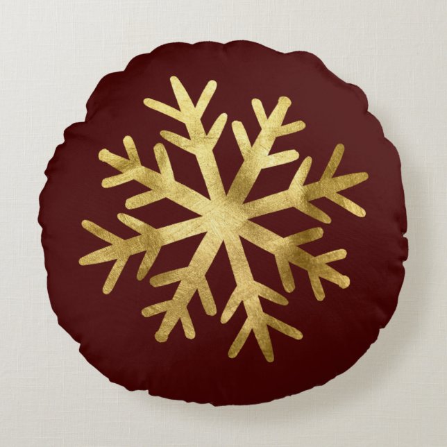 Almofada Redonda Natal com Floco de Neve de Ouro (Frente)