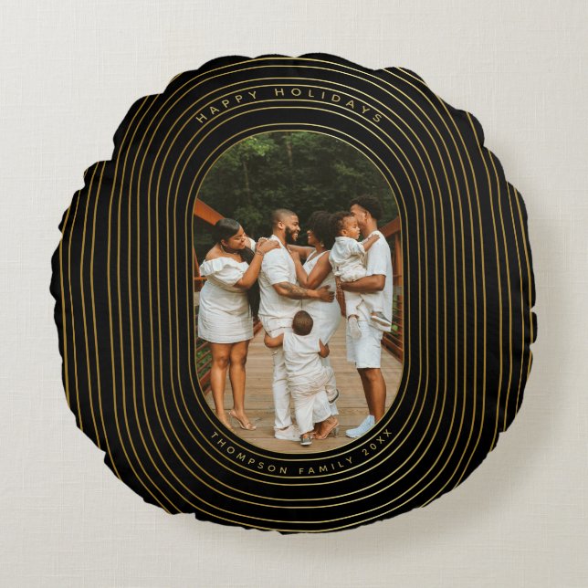 Almofada Redonda Natal da família de fotos personalizadas Douradas  (Frente)