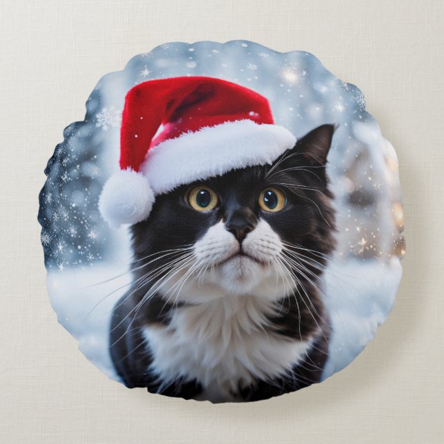 Almofada Redonda Natal de gato preto e branco (Frente)