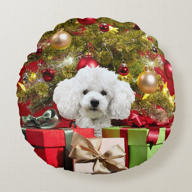 Almofada Redonda Natal de Poodle Branco (Frente)