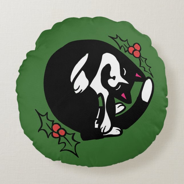 Almofada Redonda Natal do Gato Smoking (Frente)
