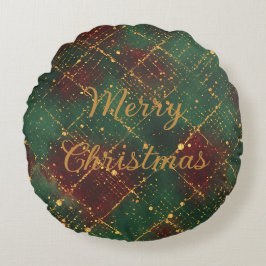 Almofada Redonda Natal, Feliz Natal, Padrão Verde Vermelho Dourado