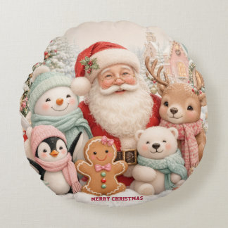 Almofada Redonda Natal fofo com Papai Noel, Pinguim, Urso, Rena