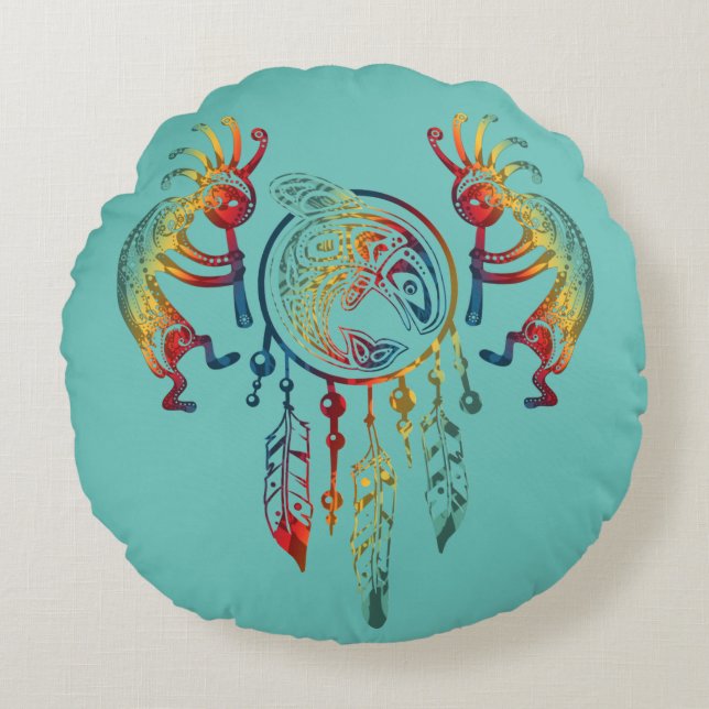 Almofada Redonda Nativo americano Kokopelli Whale Dreamcatcher 1 (Frente)