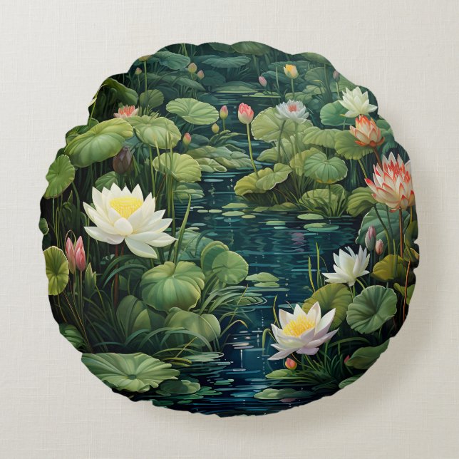Almofada Redonda Natureza Lotus Water Lily Pond Landscape (Frente)