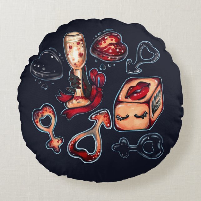 Almofada Redonda Naughty Dice & Champagne Adult Humor Dark Romantic (Frente)