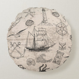 Almofada Redonda Nautical Map Sailing Ship