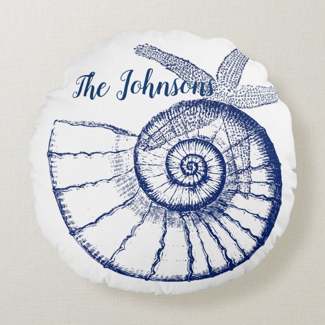 Almofada Redonda Nautilus Seashell e Starfish Marine Life Personali (Frente)