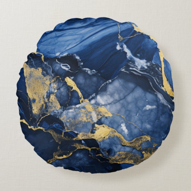 Almofada Redonda Navy Blue and Gold Agate Marble (Frente)
