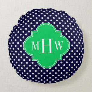 Almofada Redonda Navy Branco Bolinhas Esmeralda Quatrefoil 3 Monogr