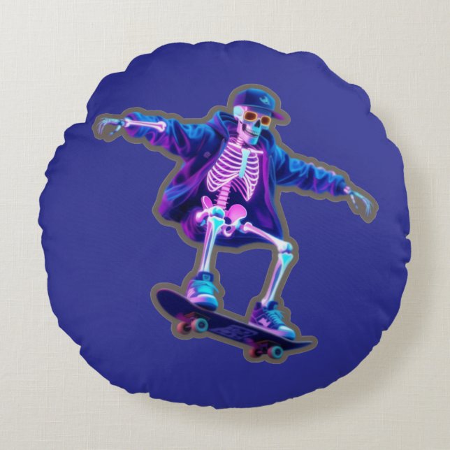 Almofada Redonda Neon 3D Skeleton Skateboarding – Funny Streetwear  (Frente)