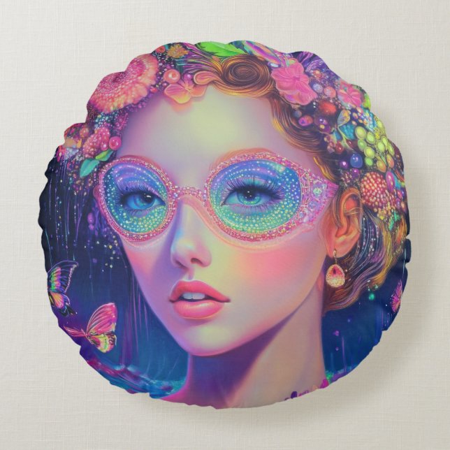 Almofada Redonda Neon Garden Goddese (Frente)