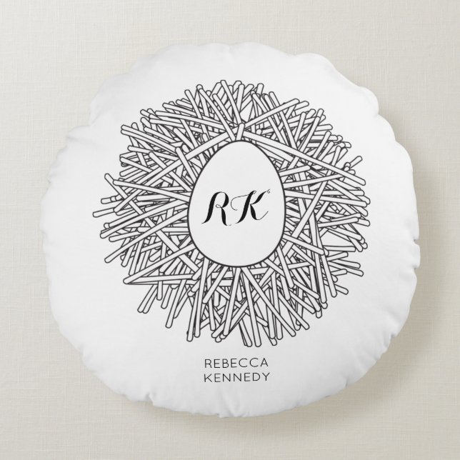 Almofada Redonda Ninho e Ovo Cugado - Iniciais e Nome Personalizado (Frente)