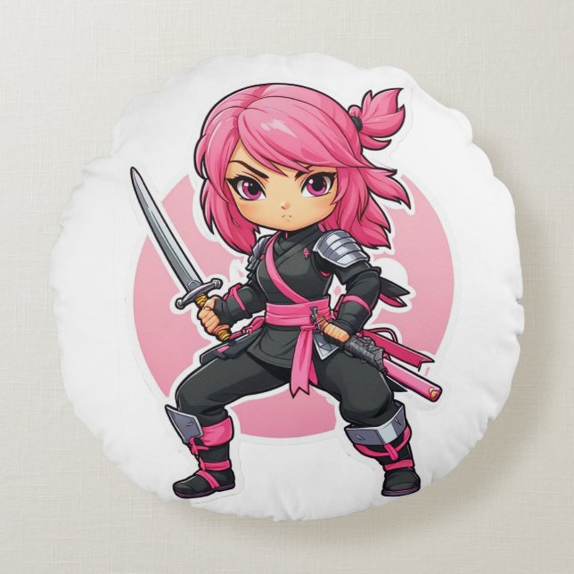 Almofada Redonda Ninja Girl Rosa (Frente)