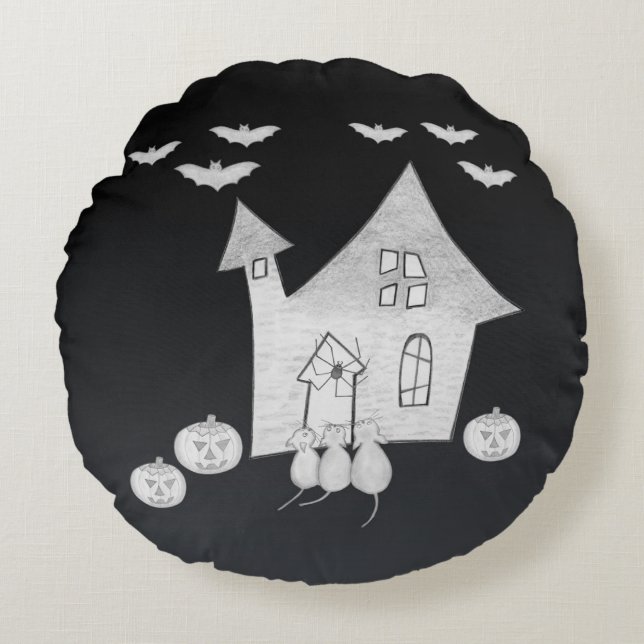 Almofada Redonda Noite de Dia das Bruxas com Casa Assombrada, Morce (Frente)
