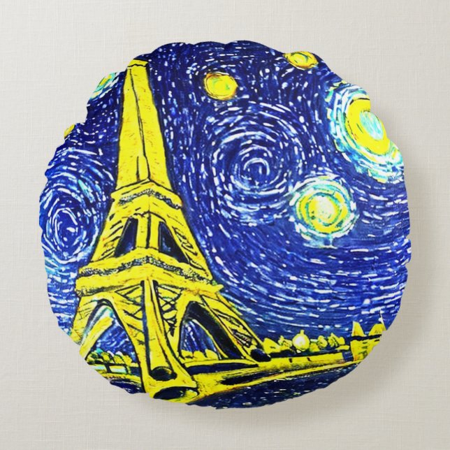Almofada Redonda Noite Estrelada Paris França (Frente)