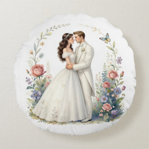 Almofada Redonda Noiva Romântica Noivo Floral Casal de Noivos Elega