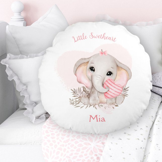 Almofada Redonda Nome da Enfermeira de Elefante Rosa-Rosa-Bonito (Cute Elephant Pink Heart Girl Nursery Name Round Pillow)