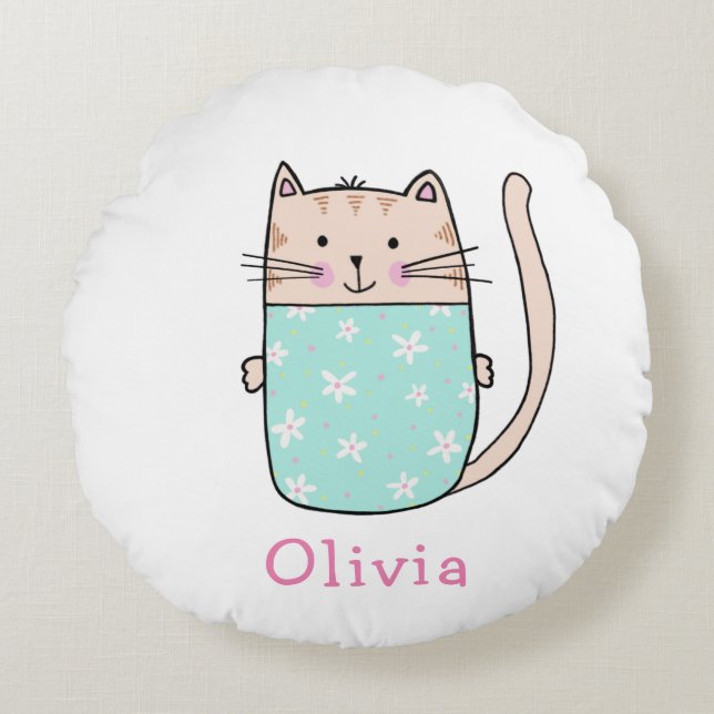 Almofada Redonda Nome das Raparigas de Gato Bonito (Frente)