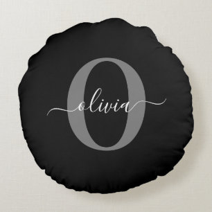 Almofada Redonda Nome de Letra Inicial Personalizada Preto Branco C