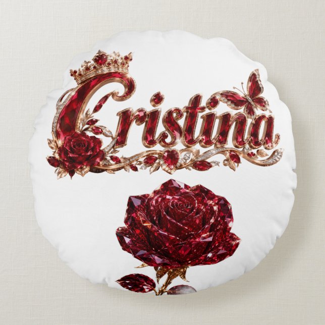 Almofada Redonda Nome de Luxo Christina Ruby Crystal (Frente)