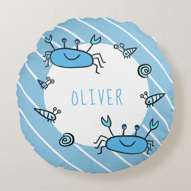 Almofada Redonda Nome do Menino Animal do Caranguejo Azul (Frente)