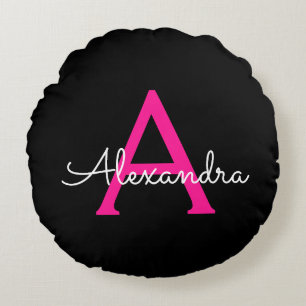 Almofada Redonda Nome do Monograma Giratório de Script Preto Rosa 