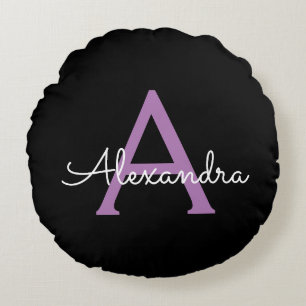 Almofada Redonda Nome do Monograma Girly de Script Preto Roxo