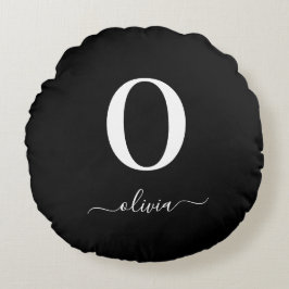 Almofada Redonda Nome do script do monograma preto e branco persona