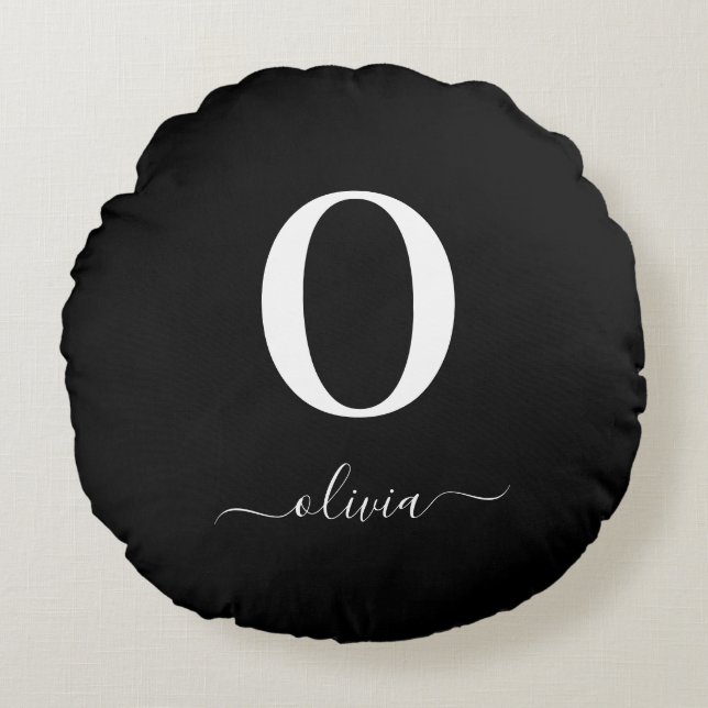 Almofada Redonda Nome do script do monograma preto e branco persona (Frente)