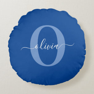 Almofada Redonda Nome do Script Monograma Personalizado Branco Azul