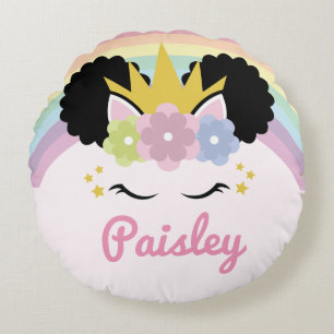 Almofada Redonda Nome Personalizado de Cabelo Curvo do Unicorn Afro