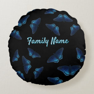 Almofada Redonda Nome Personalizado do Padrão de Borboletas Azul